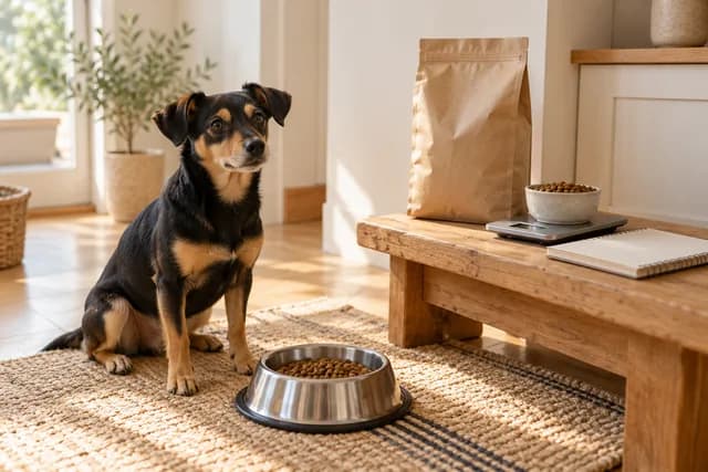 AI-generated editorial scene: A black-and-tan dog beside a bowl, with a food bag, scale and notebook on a bench. Not a tested product or patient case.