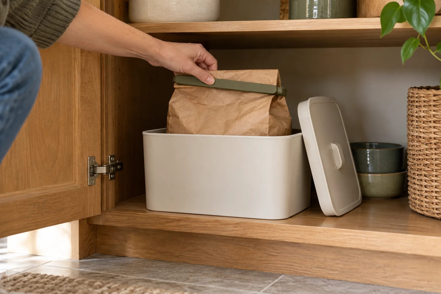 AI-generated editorial scene: A hand clips a pet-food bag closed inside an open container on a kitchen cabinet shelf. Not a tested product or patient case.