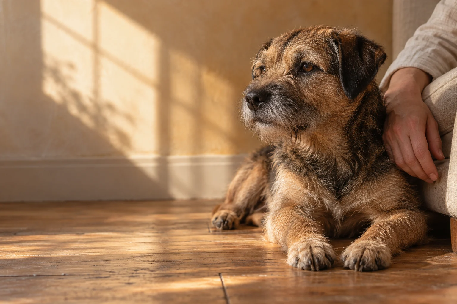 A terrier and a gentle human hand in a warmly lit home. AI-created editorial scene, not a patient case.